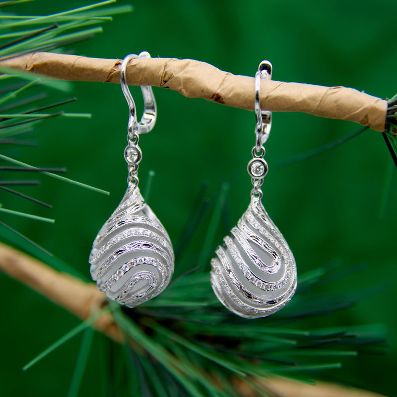 18K White Gold Diamond Drop Rock Crystal Earrings w/ Hand Engraved Cage Setting jewelry Kirsten's Corner 