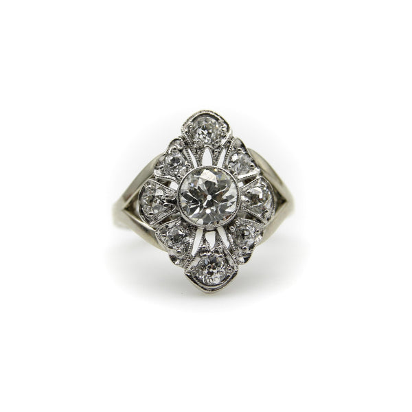 14K White Gold Old European Cut and Old Mine Cut Diamond Flower Ring Kirsten's Corner 