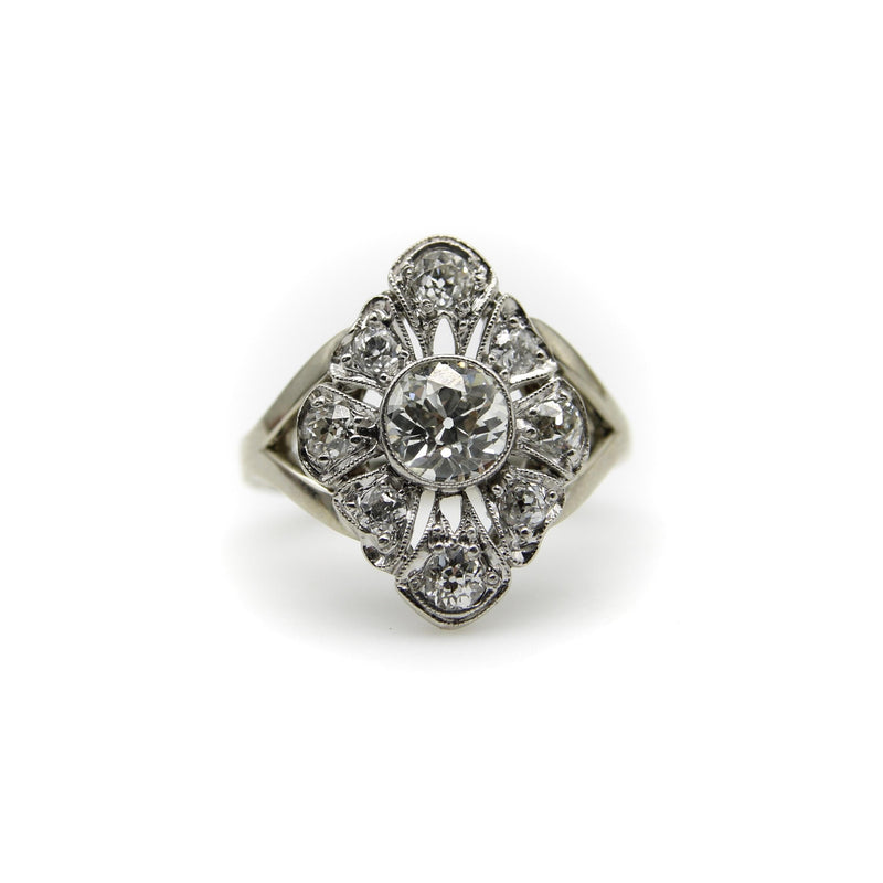 14K White Gold Old European Cut and Old Mine Cut Diamond Flower Ring Kirsten's Corner 