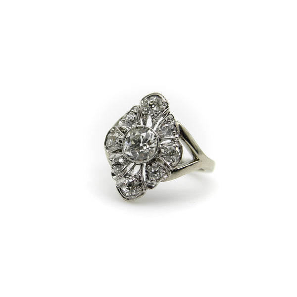 14K White Gold Old European Cut and Old Mine Cut Diamond Flower Ring Kirsten's Corner 