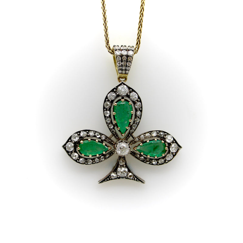 Victorian Silver Front 18K Gold Back Diamond and Emerald Shamrock Pendant Necklaces, Pendants Kirsten's Corner 