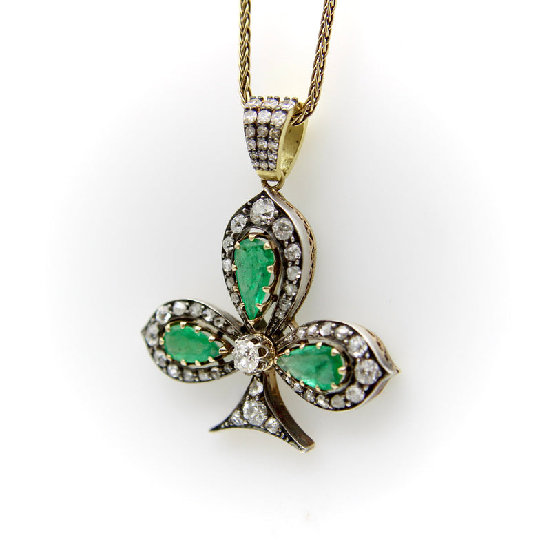 Victorian Silver Front 18K Gold Back Diamond and Emerald Shamrock Pendant Necklaces, Pendants Kirsten's Corner 