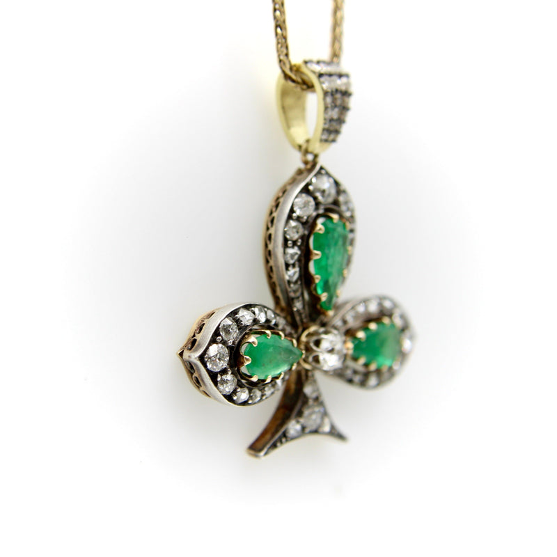 Victorian Silver Front 18K Gold Back Diamond and Emerald Shamrock Pendant Necklaces, Pendants Kirsten's Corner 