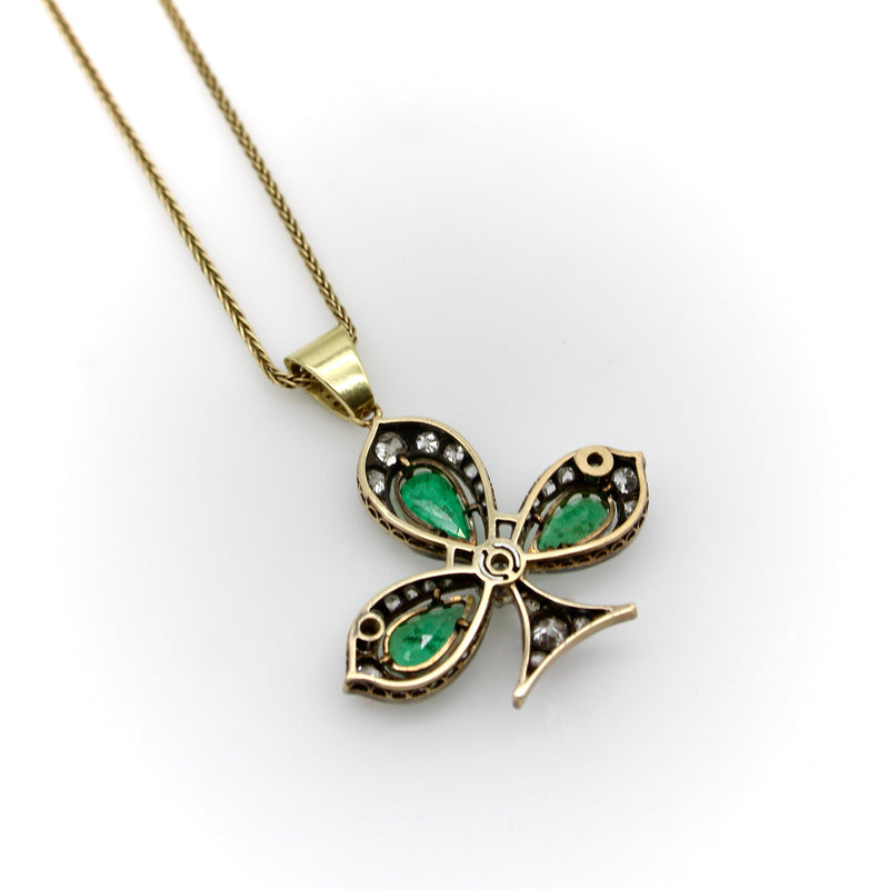 Victorian Silver Front 18K Gold Back Diamond and Emerald Shamrock Pendant Necklaces, Pendants Kirsten's Corner 