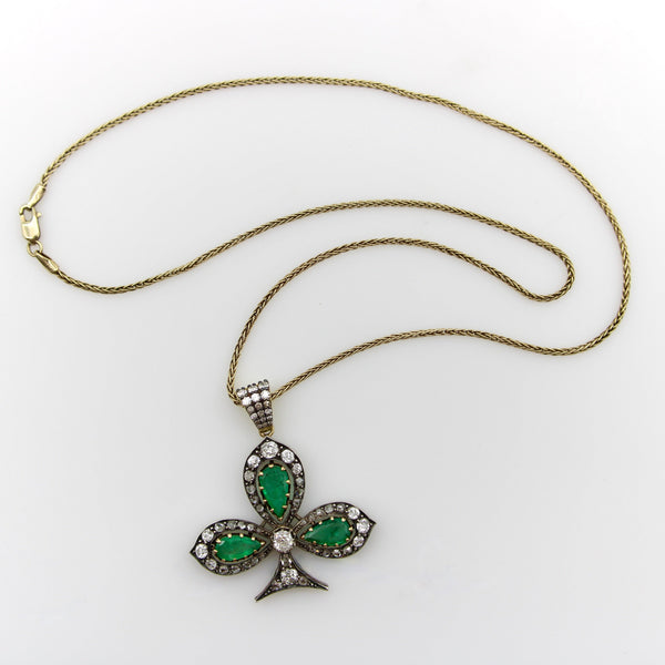 Victorian Silver Front 18K Gold Back Diamond and Emerald Shamrock Pendant Necklaces, Pendants Kirsten's Corner 