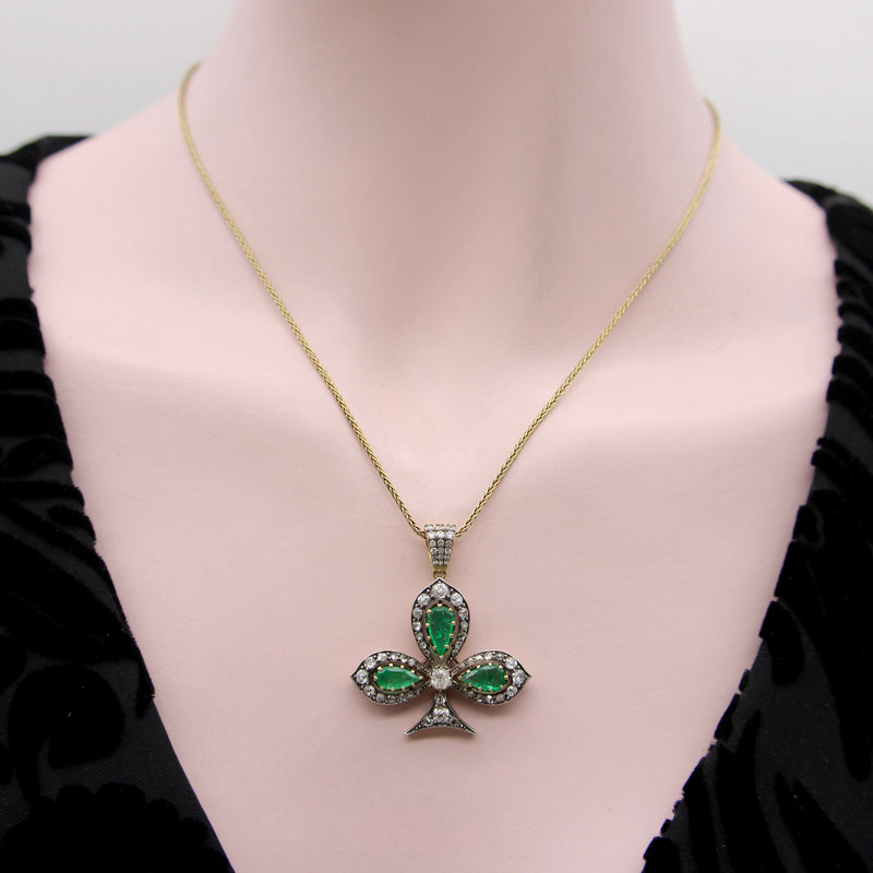 Victorian Silver Front 18K Gold Back Diamond and Emerald Shamrock Pendant Necklaces, Pendants Kirsten's Corner 