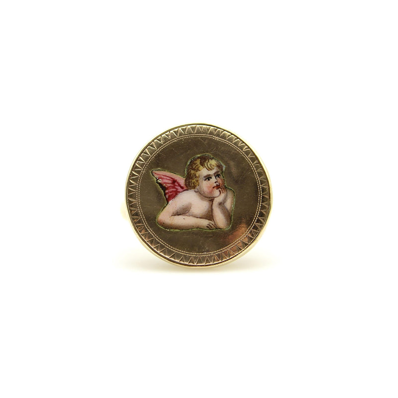 14K Gold Victorian Enamel Winged Cherub Ring Kirsten's Corner 