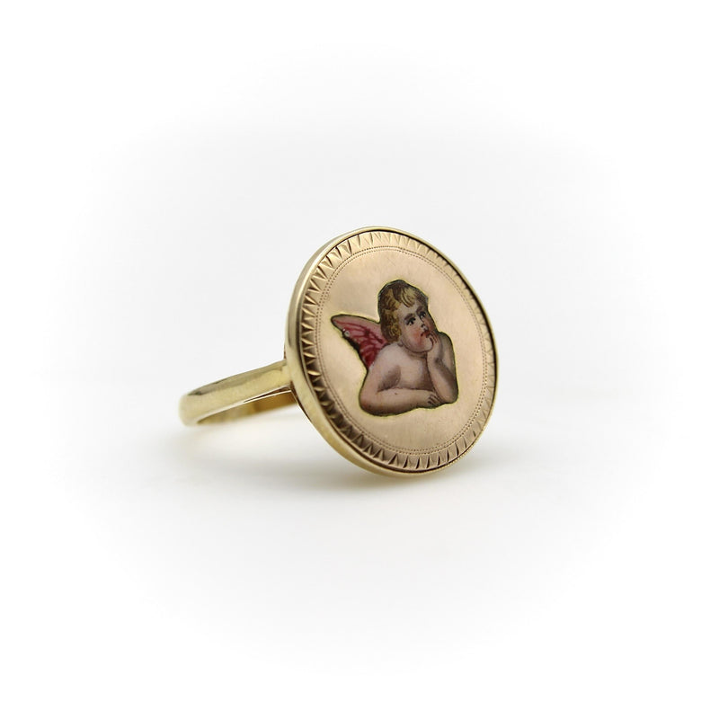 14K Gold Victorian Enamel Winged Cherub Ring Kirsten's Corner 