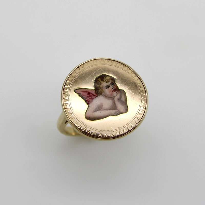 14K Gold Victorian Enamel Winged Cherub Ring Kirsten's Corner 