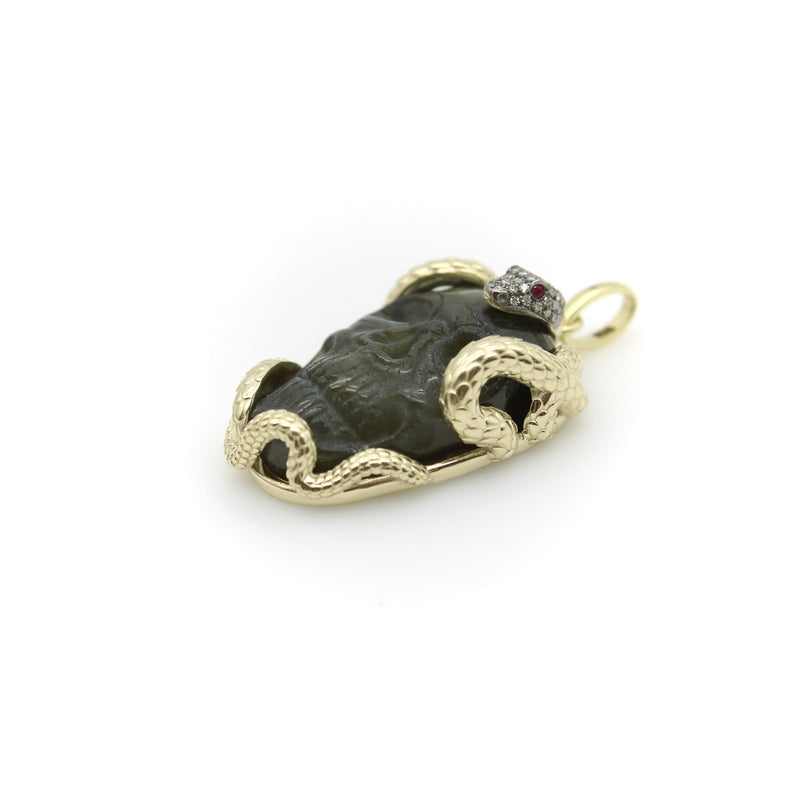 14K Gold Intertwining Snake and Carved Labradorite Skull Pendant Kirsten's Corner 