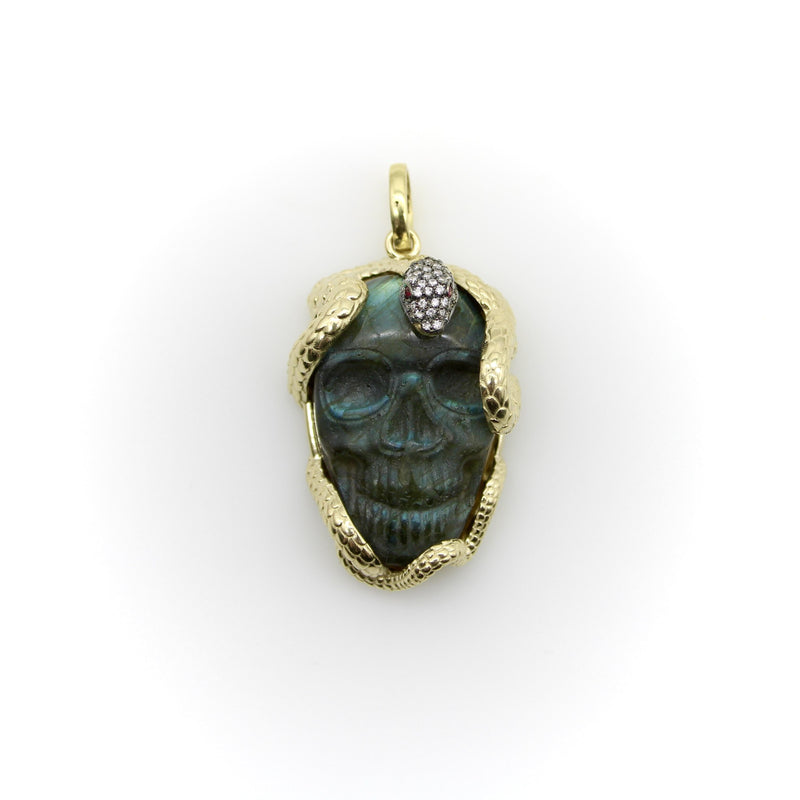 14K Gold Intertwining Snake and Carved Labradorite Skull Pendant Kirsten's Corner 