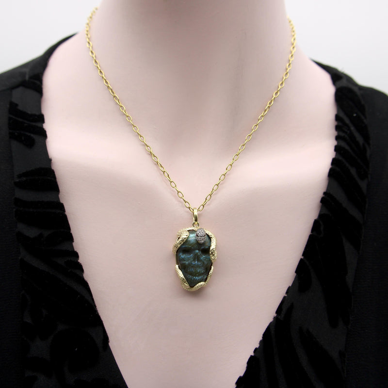 14K Gold Intertwining Snake and Carved Labradorite Skull Pendant Kirsten's Corner 