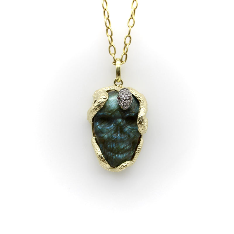 14K Gold Intertwining Snake and Carved Labradorite Skull Pendant Kirsten's Corner 