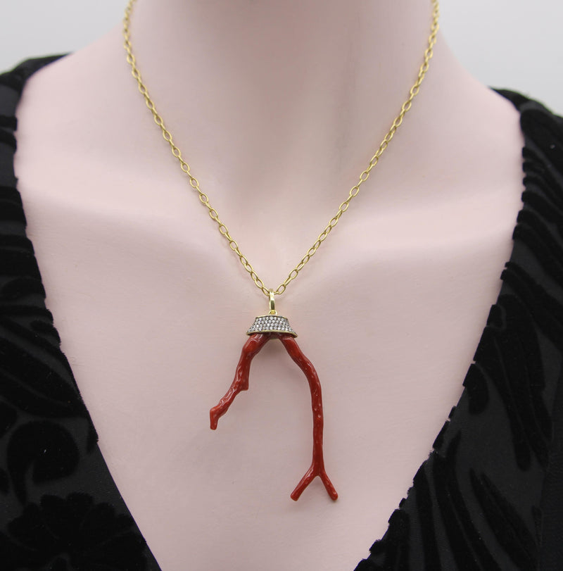 18K Gold Signature Branch Coral and Diamond Studded Pendant Kirsten's Corner 