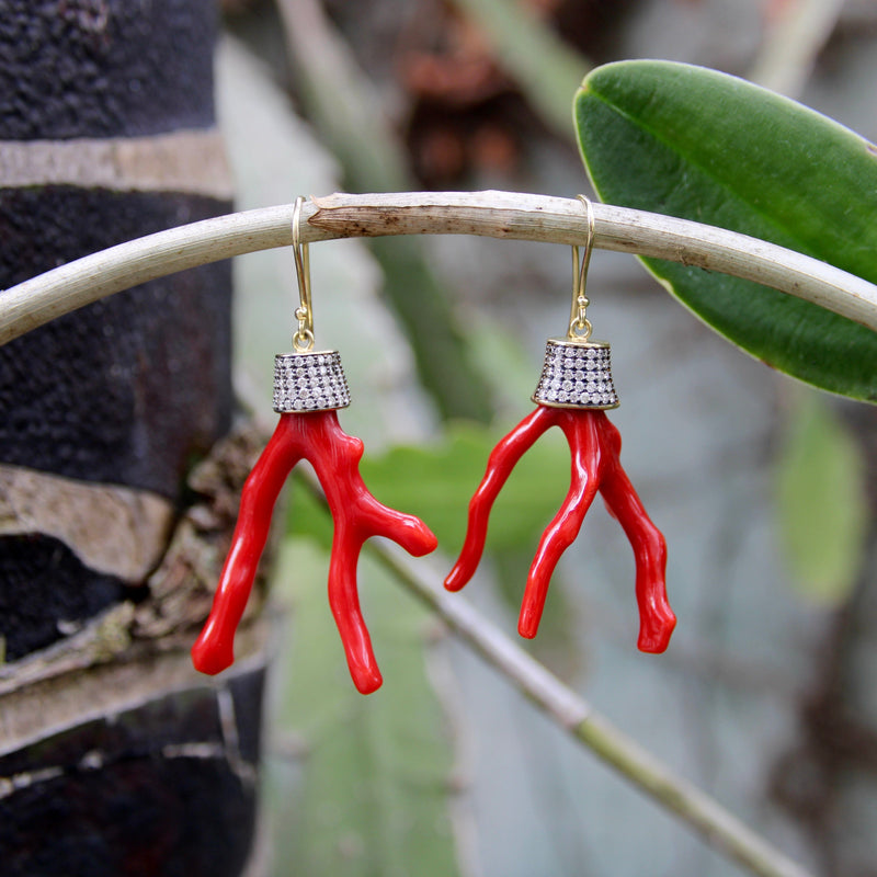 18K Gold Signature Branch Coral and Diamond Studded Earrings Earrings Kirsten's Corner 