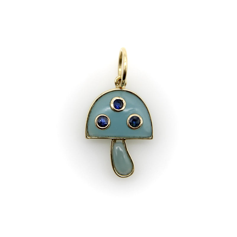 14K Gold Magic Mushroom Pendant with Blue Chalcedony and Inset Sapphires Kirsten's Corner 