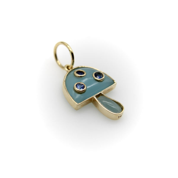 14K Gold Magic Mushroom Pendant with Blue Chalcedony and Inset Sapphires Kirsten's Corner 