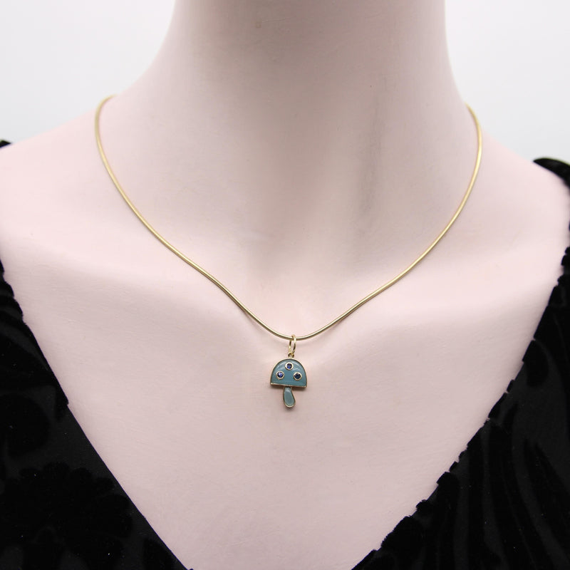 14K Gold Magic Mushroom Pendant with Blue Chalcedony and Inset Sapphires Kirsten's Corner 