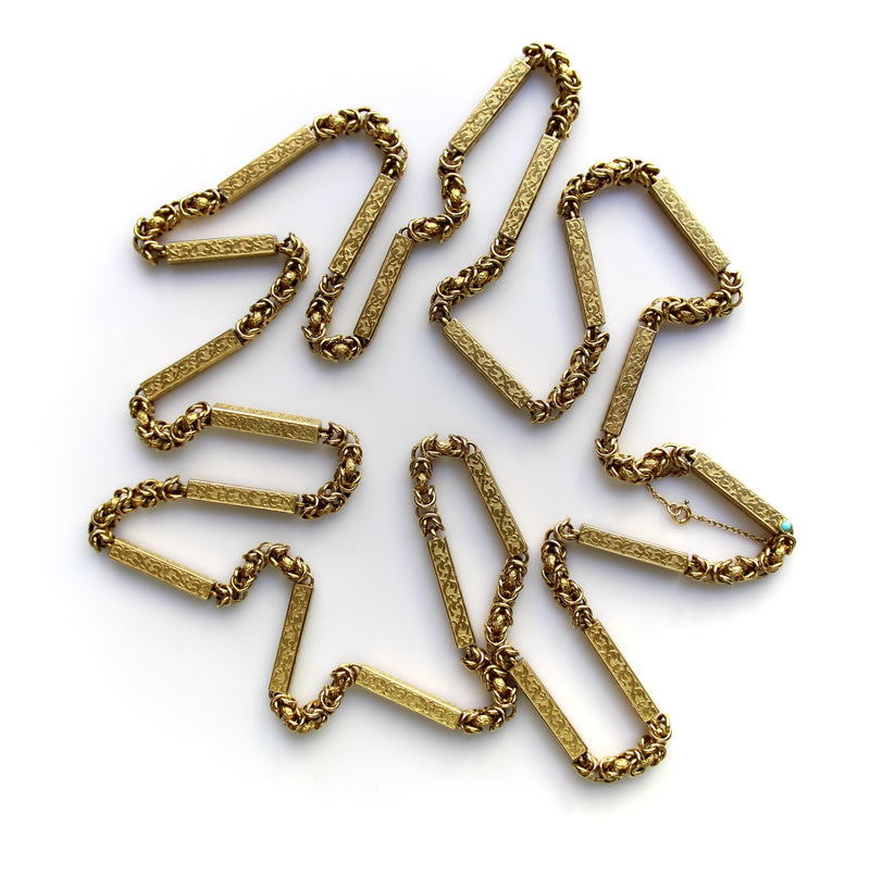 Victorian 14K Gold Fancy Link Long Guard Chain with Embossed Details Kirsten's Corner 