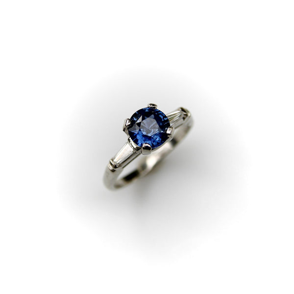 1950’s Sapphire and Tapered Baguette Diamond Platinum Ring Kirsten's Corner 