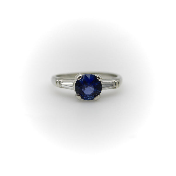 1950’s Sapphire and Tapered Baguette Diamond Platinum Ring Kirsten's Corner 