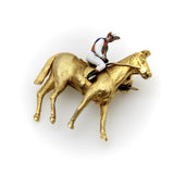 Edwardian 18k Gold Equestrian Jockey and Horse Enameled Brooch Brooch Kirsten's Corner 