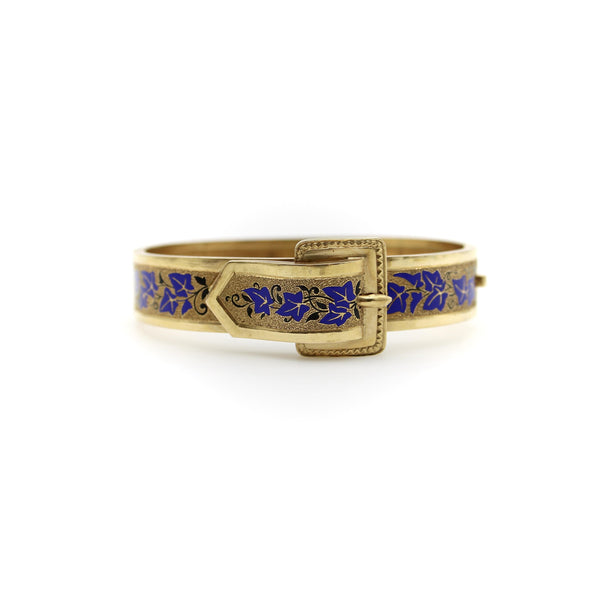 14K Gold Victorian Enameled Blue Ivy Buckle Bracelet Kirsten's Corner 