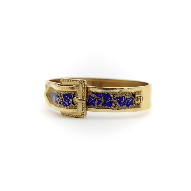 14K Gold Victorian Enameled Blue Ivy Buckle Bracelet Kirsten's Corner 