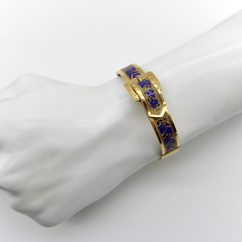 14K Gold Victorian Enameled Blue Ivy Buckle Bracelet Kirsten's Corner 