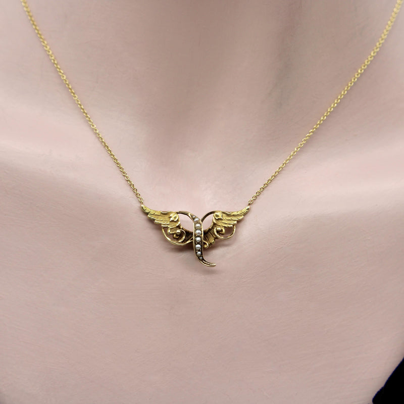 Victorian 14K Gold Angel Winged Necklace with Seed Pearls Kirsten's Corner 