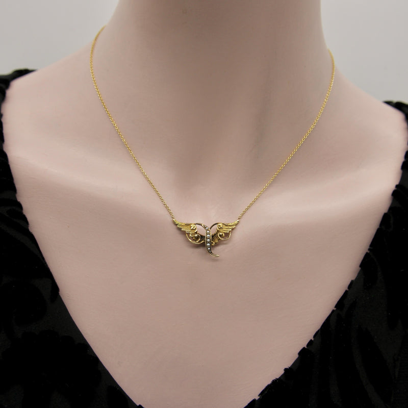 Victorian 14K Gold Angel Winged Necklace with Seed Pearls Kirsten's Corner 