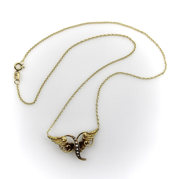 Victorian 14K Gold Angel Winged Necklace with Seed Pearls Kirsten's Corner 