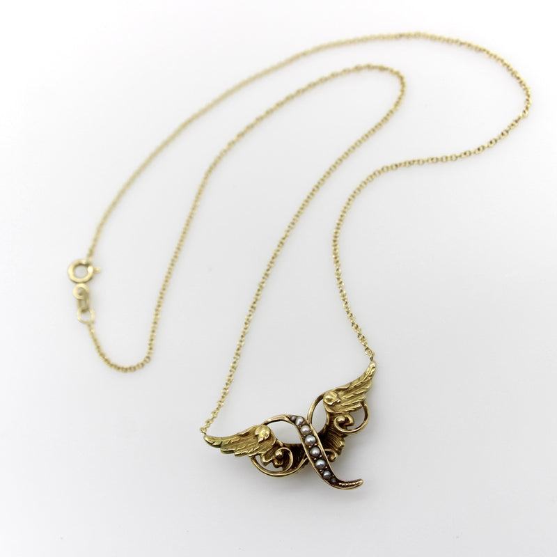 Victorian 14K Gold Angel Winged Necklace with Seed Pearls Kirsten's Corner 