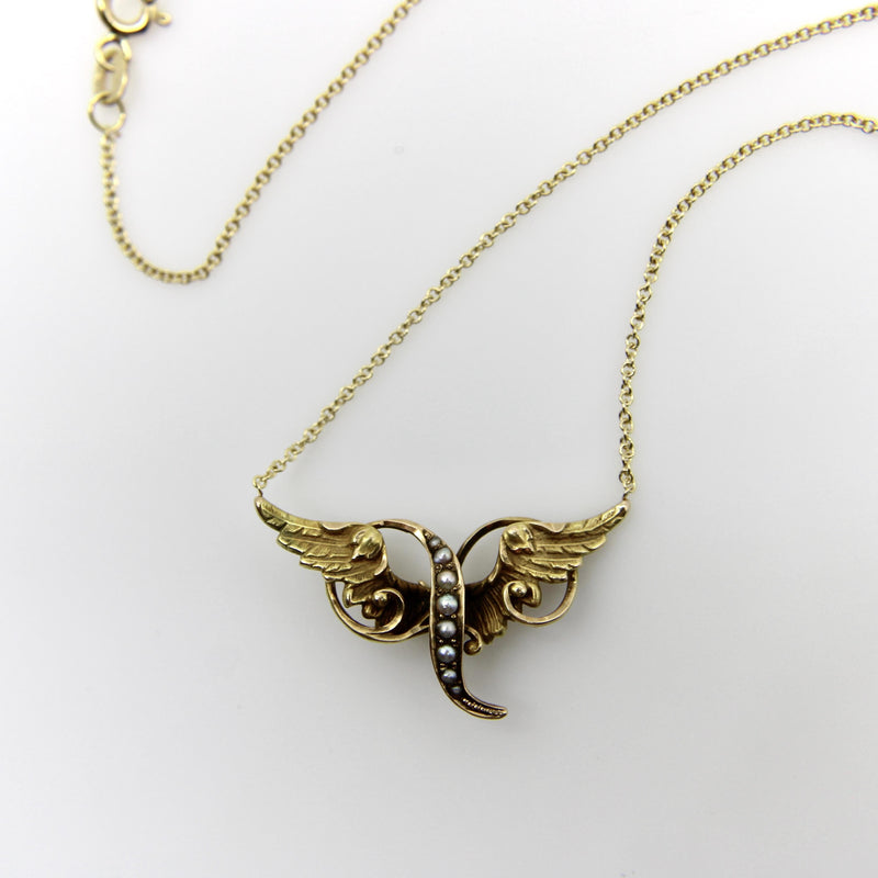 Victorian 14K Gold Angel Winged Necklace with Seed Pearls Kirsten's Corner 