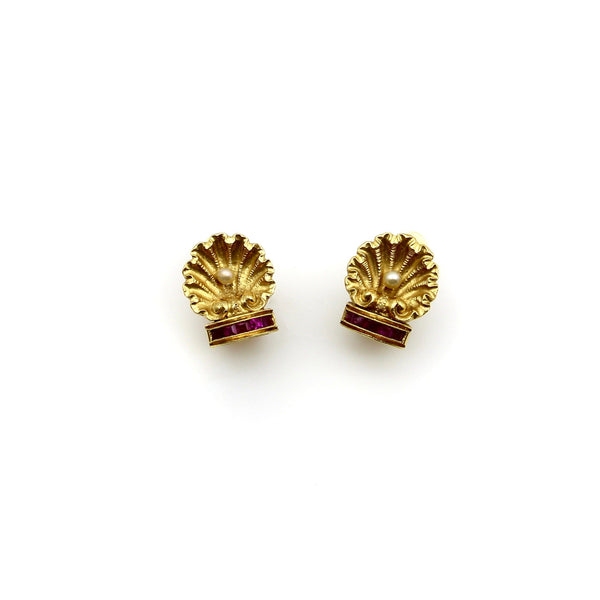 19.2K Gold Portuguese Shell Earrings with Pearls and Rubies Earrings Kirsten's Corner 
