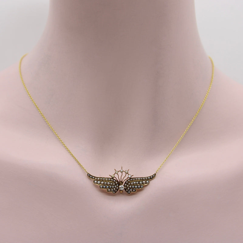 14K Gold Victorian Angel Wing Necklace with Diamond and Seed Pearls Necklace Kirsten's Corner 