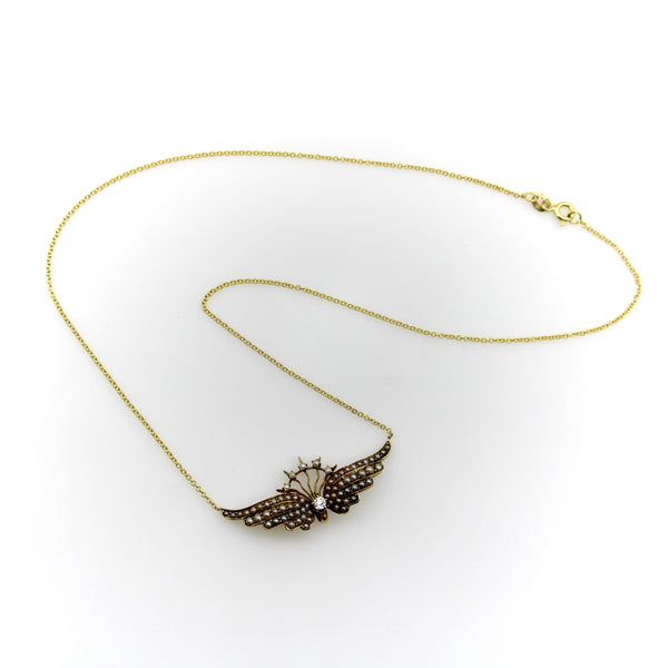 14K Gold Victorian Angel Wing Necklace with Diamond and Seed Pearls Necklace Kirsten's Corner 