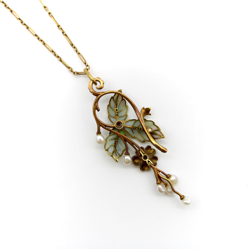 15K Gold Art Nouveau Plique-à-Jour Diamond and Pearl Necklace Necklace Kirsten's Corner 