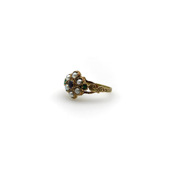 12K Gold Early Victorian Flower Ring with Garnet, Emeralds, and Pearls Ring Kirsten's Corner 