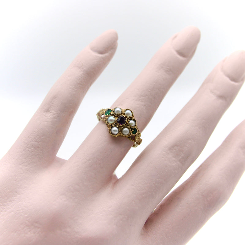 12K Gold Early Victorian Flower Ring with Garnet, Emeralds, and Pearls Ring Kirsten's Corner 
