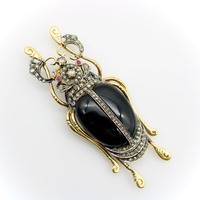 18K Gold and Sterling Silver Beetle Brooch with Rose Cut Diamonds, Onyx, and Ruby Brooch Kirsten's Corner 