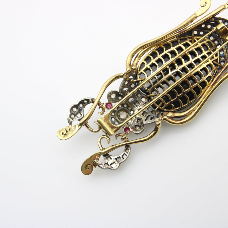 18K Gold and Sterling Silver Beetle Brooch with Rose Cut Diamonds, Onyx, and Ruby Brooch Kirsten's Corner 