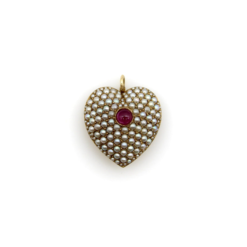 Victorian 14K Gold Pearl Encrusted Heart with Ruby Cabochon Pendant Pendant Kirsten's Corner 