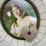 Victorian 14K Gold Pearl Encrusted Heart with Ruby Cabochon Pendant Pendant Kirsten's Corner 
