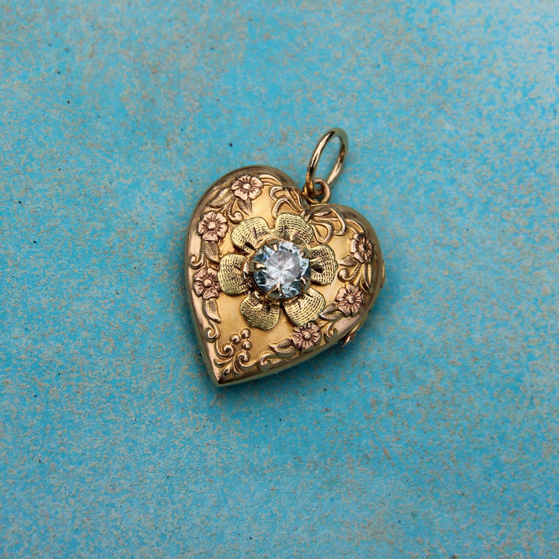 10K Gold Art Deco Zircon and Flowered Heart Locket locket Kirsten's Corner 