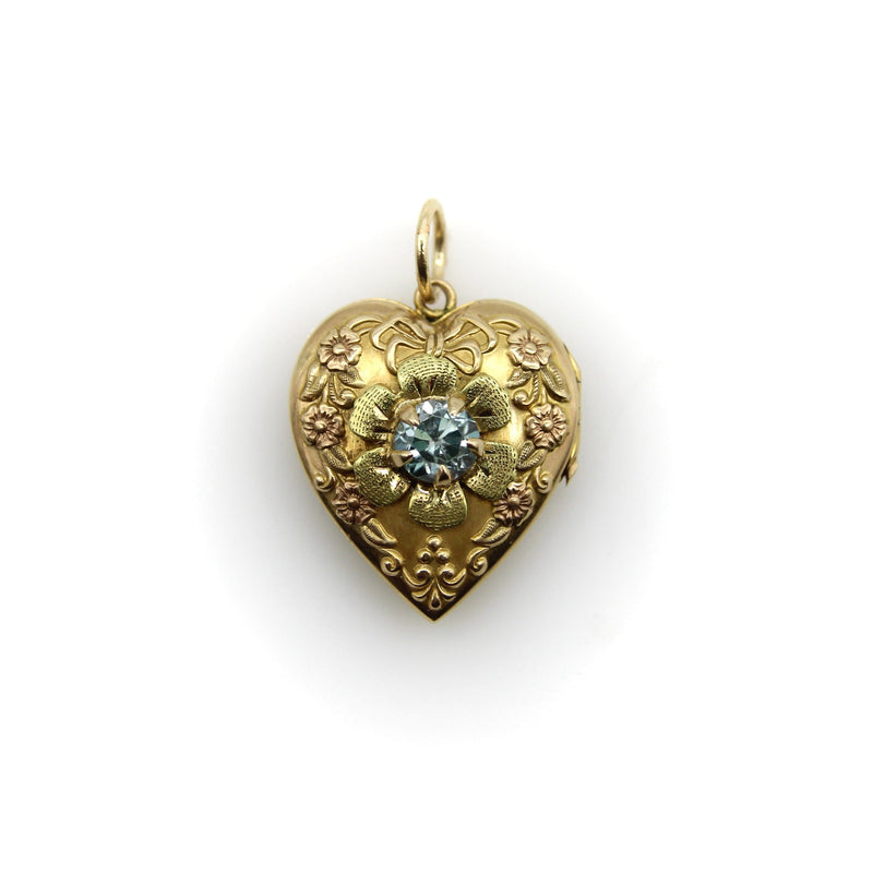 10K Gold Art Deco Zircon and Flowered Heart Locket locket Kirsten's Corner 