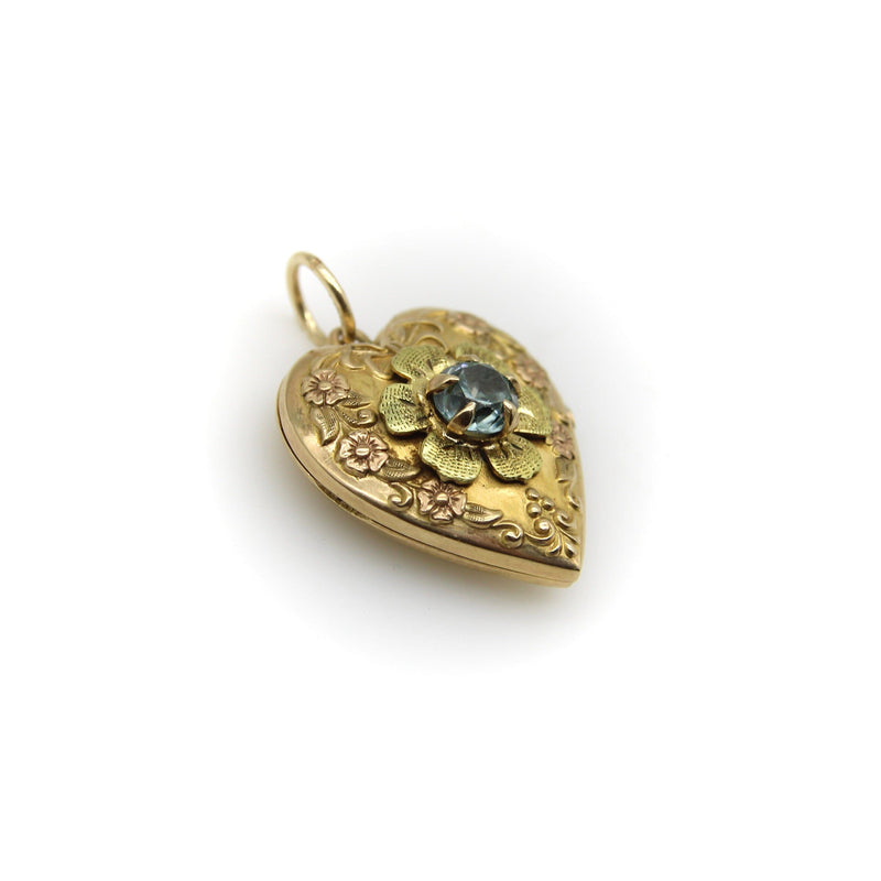 10K Gold Art Deco Zircon and Flowered Heart Locket locket Kirsten's Corner 