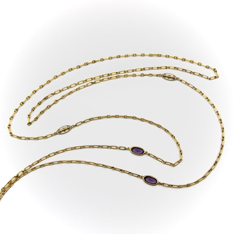 10K Gold Long Chain with Oblong and Purple Paste Stations Chain Kirsten's Corner 