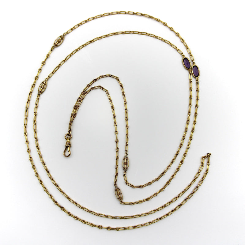 10K Gold Long Chain with Oblong and Purple Paste Stations Chain Kirsten's Corner 