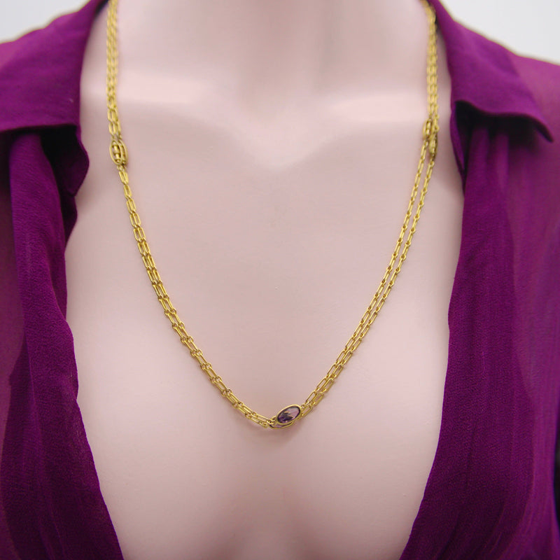 10K Gold Long Chain with Oblong and Purple Paste Stations Chain Kirsten's Corner 